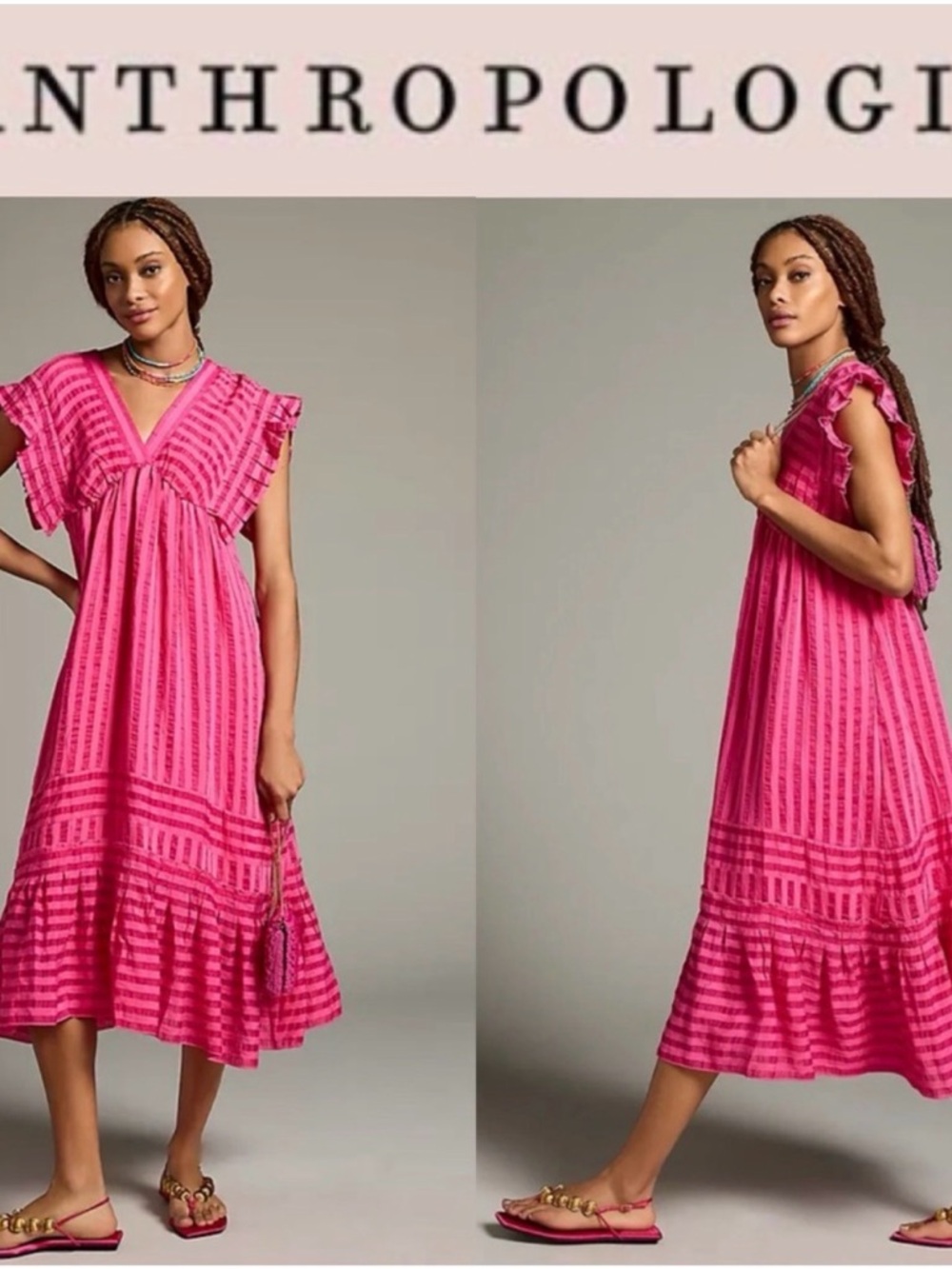 ANTHROPOLOGIE V-NECK PINK RUFFLED TIERED SLEEVELESS BABYDOLL DRESS